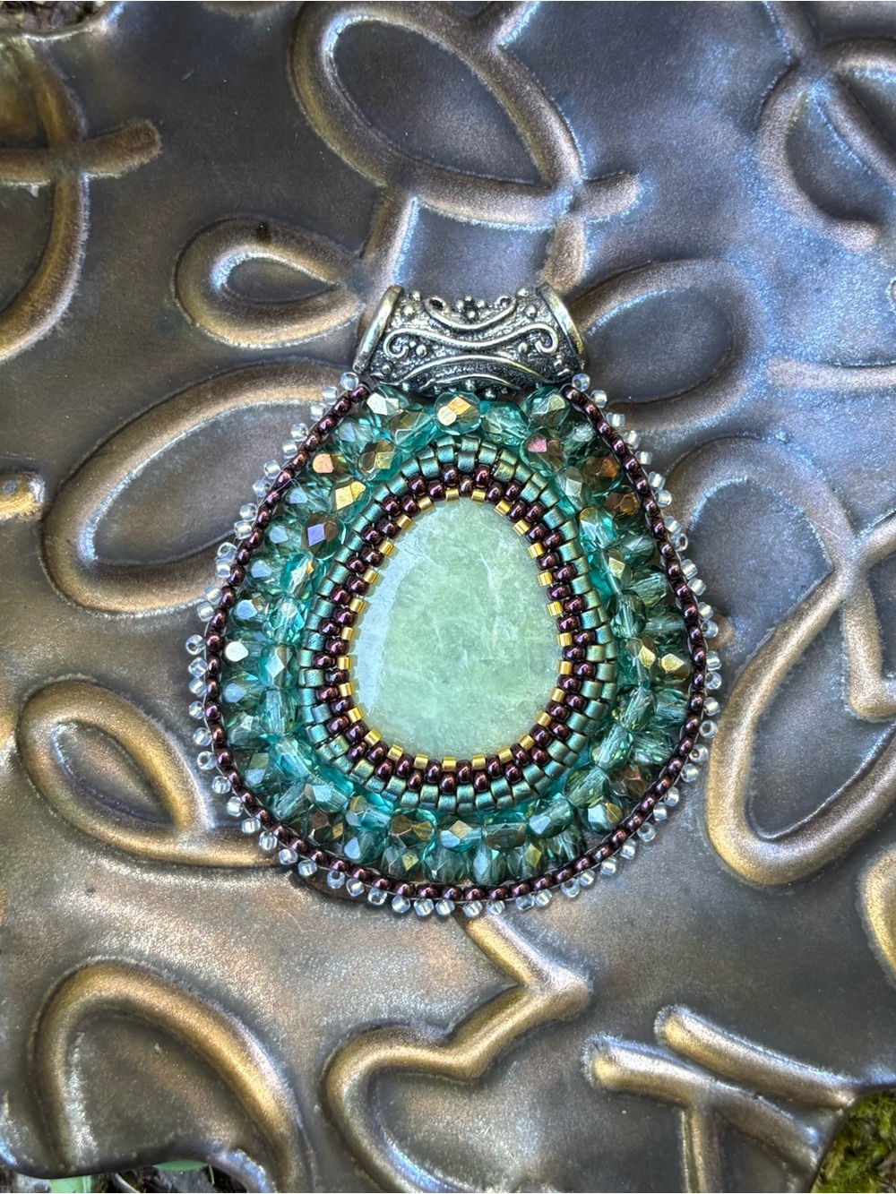 OOAK Handmade Aquamarine Bead Embroidered Statement Pendant